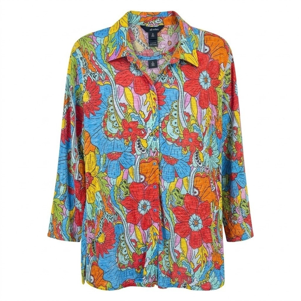 NEW Ali Miles Womens XL Blue Multi Floral Psychedelic Snap Front 2pc Shirt Set